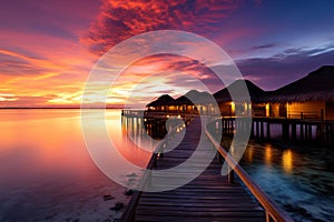 Maldives sunset at luxury water villas, a dreamy beach paradise