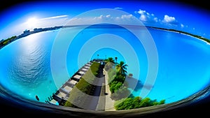 Maldives. View of the lagoon from the top of the waterslide, panorama