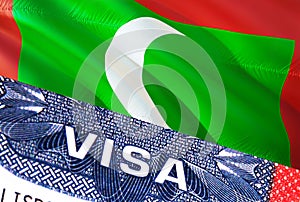 Maldives Visa Document, with Maldives flag in background. Maldives flag with Close up text VISA on USA visa stamp in passport,3D