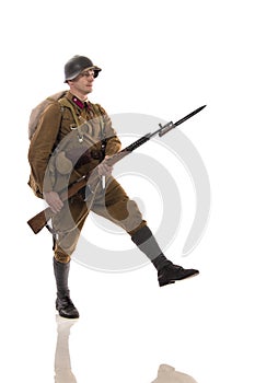 Male actor in the form of ordinary soldiers of the Russian army in the period 1939-1940, with aSelf-loading rifle Tokarev