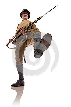 Male actor in the form of ordinary soldiers of the Russian army in the period 1939-1940, with aSelf-loading rifle Tokarev