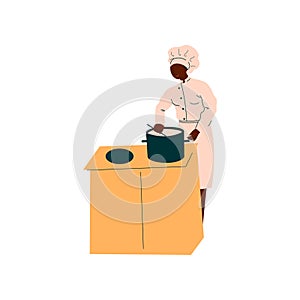 Male African American Chef Cooking in Restaurant Kitchen, Professional Kitchener Character in Uniform Preparing