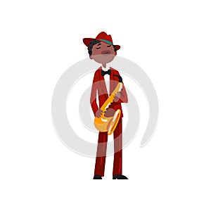 Male African American musician in red elegant suit and hat playing saxophone vector Illustration on a white background