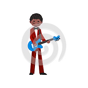 Male African American musician in red suit playing electric guitar vector Illustration on a white background