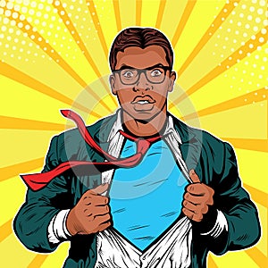 Male afro american businessman superhero pop art retro vector illustration.