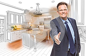 Male Agent Reaching for Hand Shake in Kitchen Drawing and Photo