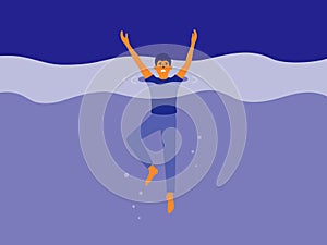 Male alcoholism, addiction, depression vector illustration with young man drowning in deep muddy water shouting ask for help