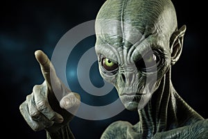 Male alien pointing at the camera. Alien. Extraterrestrial Life Concept.