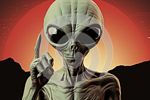 Male alien pointing at the camera. Alien. Extraterrestrial Life Concept.
