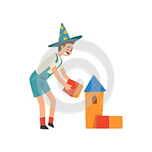 Male Animator in Funny Costume Performing Before Kids Birthday Party With Toy Blocks Vector Illustration