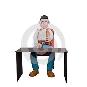A male anthropologist sits on a desk chair while holding a clipboard photo