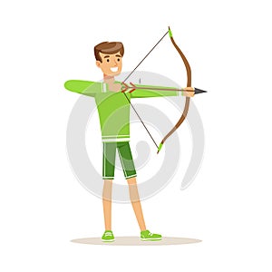 Male archer character standing with bow and aiming to the target, active sport lifestyle vector Illustration