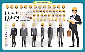 Male architect in business suit and protective helmet. Character creation set.