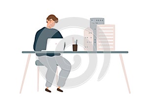 Male architect designer work on laptop with mini building models on table vector flat illustration. Man develop