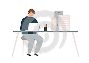 Male architect designer work on laptop with mini building models on table vector flat illustration. Man develop photo