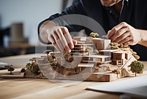 A male architect is working on an architectural model of her design. he uses natural materials such as wood or paper to