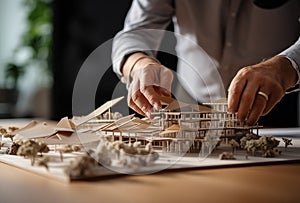 A male architect is working on an architectural model of her design. he uses natural materials such as wood or paper to