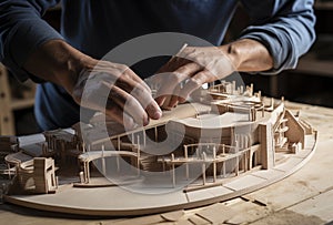 A male architect is working on an architectural model of her design. he uses natural materials such as wood or paper to