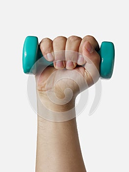 Male arm lifting light weight workout isolated on white