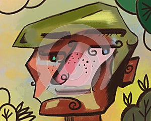 Male art hand-drawn portrait in avant-garde cubism style. Stylized face, portrait of green red shades