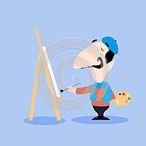 Male artist cartoon character painting on a canvas with a brush