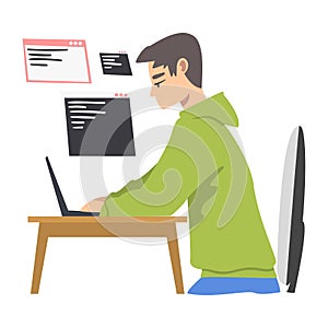 Male as Software Developer or Programmer Engaged in Coding in Server-side Framework on Laptop Vector Illustration