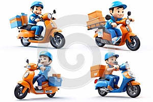 Male Asian delivery staff in blue uniforms ride a orange motorcycle, on white background
