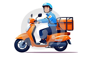 Male Asian delivery staff in blue uniforms ride a orange motorcycle, on white background