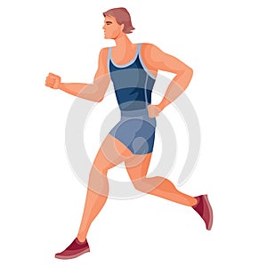 Male athlete in a blue tank top and blue shorts runs fast and tries to win the competition, hope, victory, tenacity