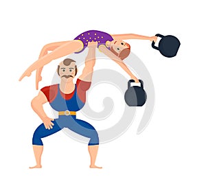 Male athlete, showing the strength exercises holding a gymnast girl.