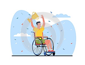 Male athlete in wheelchair holds gold winners trophy. Paralyzed man win competition. Handicapped human on award ceremony