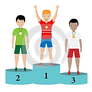 Male athletes on the podium. Olympics cartoon.