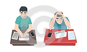 Male authors writing articles set. Freelance writers typing on laptop computer cartoon vector illustration