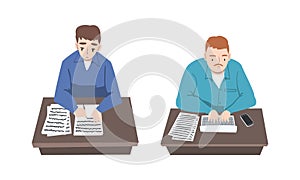 Male authors writing articles set. Writers typing on laptop computer and writing on paper cartoon vector illustration