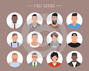 Male avatar icons vector set. People characters in flat style. Faces with different styles and nationalities.