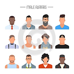 Male avatar icons vector set. People characters in flat style. Faces with different styles and nationalities.