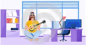 Male bard sitting with ukulele in office. Mustachioed man with guitar singing at workplace