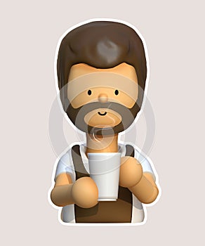 Male barista wearing apron holding a cup of coffee.,coffee time and take away concept.,Cartoon minimal style.,3d illustration