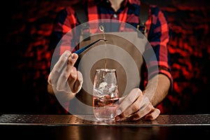 Male bartender decorates by plant glass with cold alcoholic cocktails