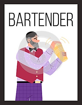 Male bartender mixing drinks in Boston shaker, poster template with text, flat vector illustration.