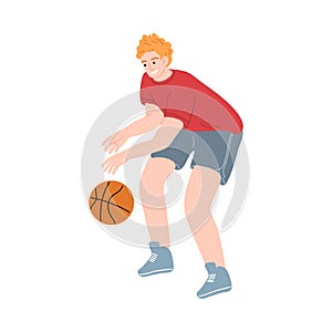 Male basketball player in a red t-shirt dribbling the ball by hand. Vector illustration in the flat cartoon style