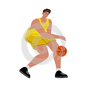 Male basketball player in a yellow t-shirt dribbling the ball by hand. Vector illustration in the flat cartoon style