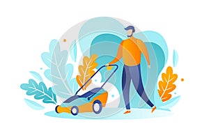 A male bearded gardener mows the grass with a lawn mower. Vector illustration, design concept for Yard care and lawn mowing