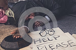 Male Beggar, Homeless hungry man show him hand want money of food at walkway street in the city, Kindness people give him