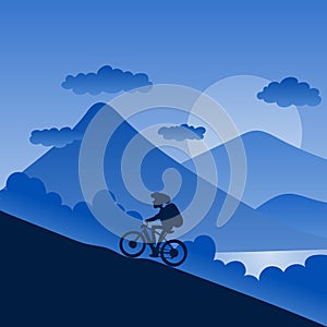 Male biker with helmet riding up to hill with landscape background in blue shade and gradient illustration vector