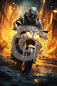 male biker motorcyclist rider in helmet rides a sports motorcycle in a race in night city