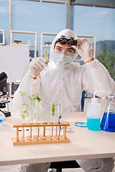The male biotechnology scientist chemist working in the lab