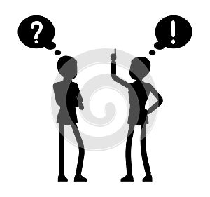 Male black silhouette, businessman, office worker exclamation, question, mark bubble