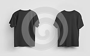 Male black t-shirt mockup, front and back view, blank clothes for design and pattern presentation