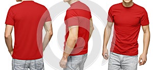 Male in blank red t-shirt, front and back view, isolated white background. Design men tshirt template and mockup for print